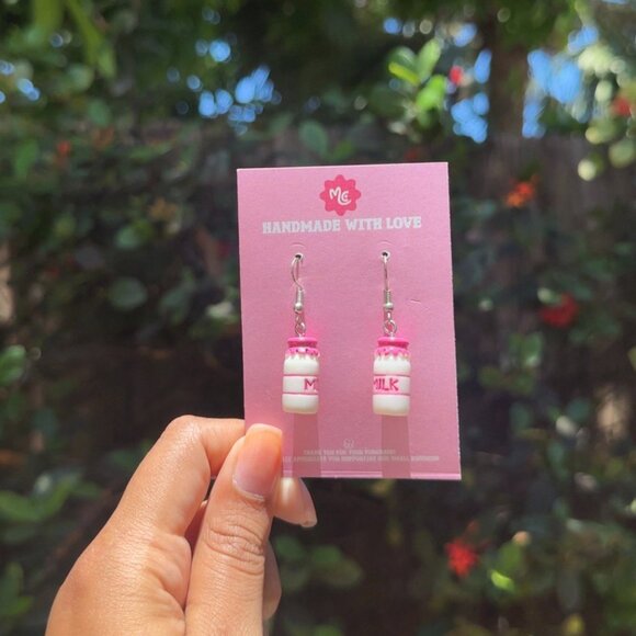 Pink Milk Bottle Earrings — Kawaii Cute Aesthetic Dangle Jewelry - Picture 3 of 3